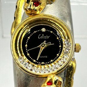 Vintage Collezio Rhinestone Leopard Cocktail Hinged Watch - WORKING